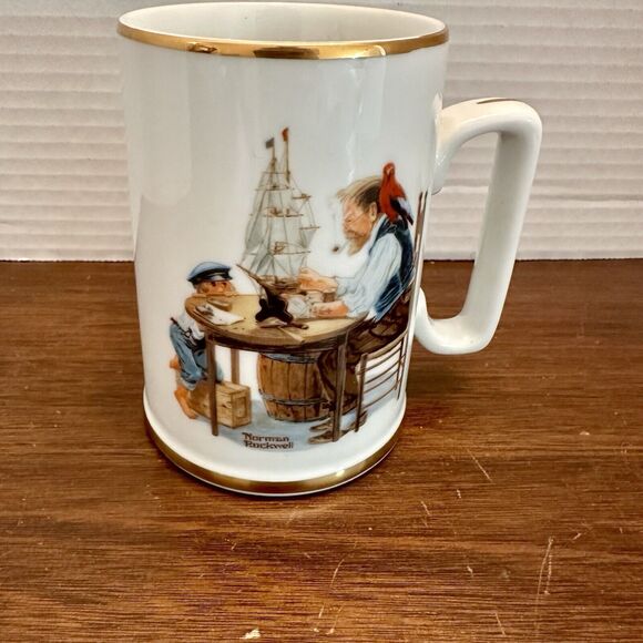 Vintage Norman Rockwell Coffee Mug " For a Good Boy" 1982 Gold Trim Ship Sea - Picture 1 of 6